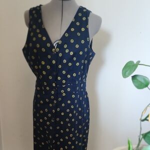 J. Crew Dark Blue Midi Dress with Yellow Floral Pattern